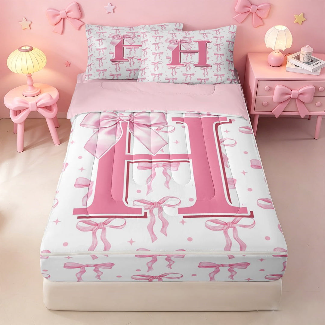 meiyoeat Pink Cute Bow Zipper Twin Comforter Sets with Fitted Sheet and 2 Pillowcases For Girls,Dreamy Bowknot Monogram Print H Zipper Bedding Set For Kids,pink Reversible,4-Piece