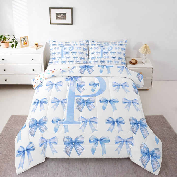 Erosebridal Personalized Gifts Bedding Sets King with Comforter,Latter P Duvet Insert,Blue Ribbon Bow Comforter Sets King Size,Lightweight Room Decoration Reversible,3pcs
