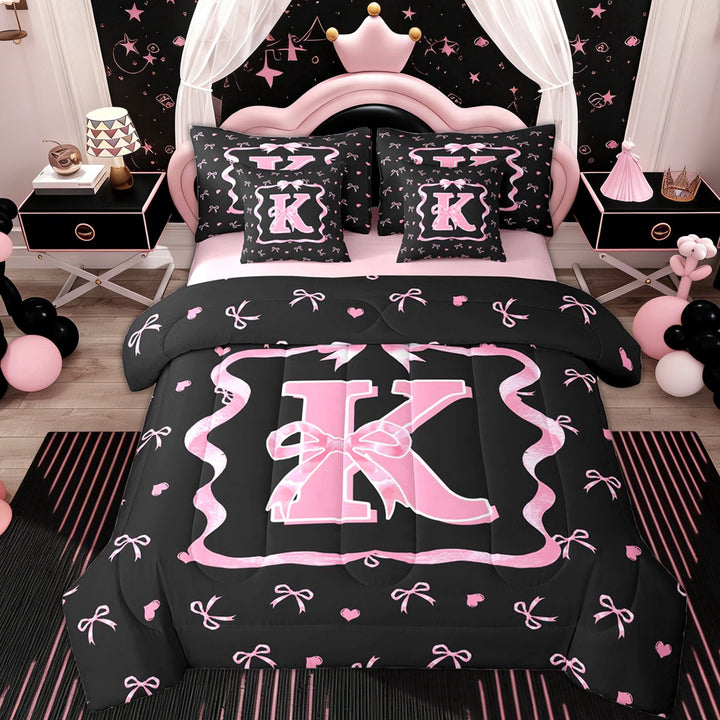 Erosebridal Kid Monogrammed K Twin Bedding Sets 7-Piece, Princess Bowknot Bedding Comforter Set, Black Pink