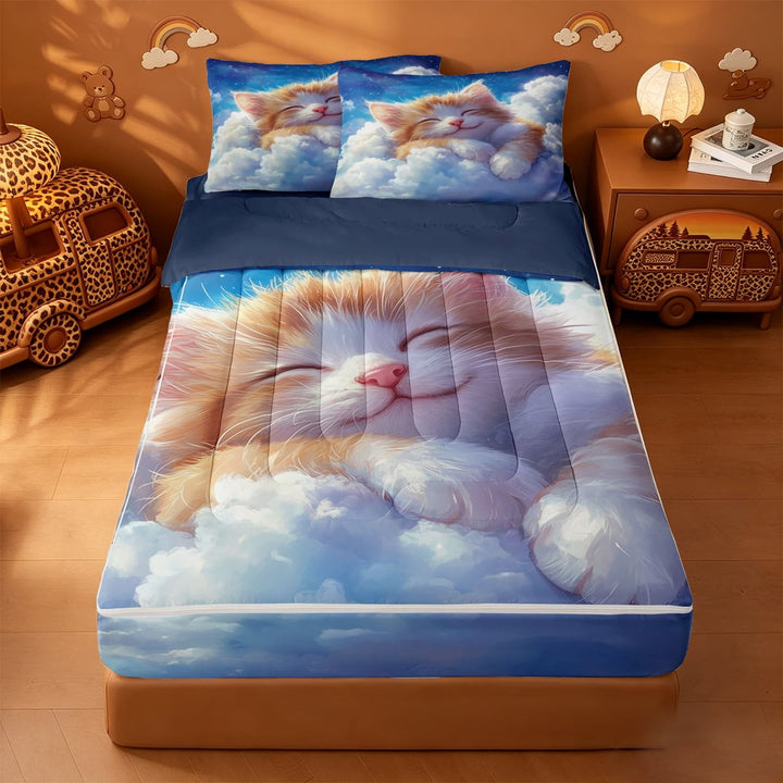 meiyoeat Dreamy Cloud Kitten Zipper Full Size Comforter Sets with Fitted Sheet and 2 Pillowcases,Orange Cat Print Zipper Bedding Set For Girl,Reversible,4 Pieces