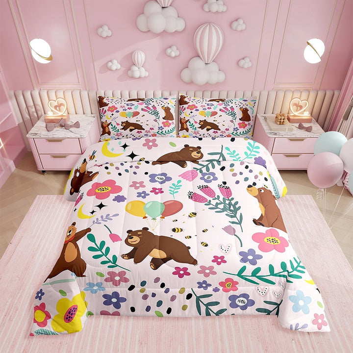 Cartoon Bear Comforter Full Bedding Sets Farm Style Bear Flower Duvet Insert Farmhouse Pink Cute Animal Down Comforter 3pcs,Reversible Pink