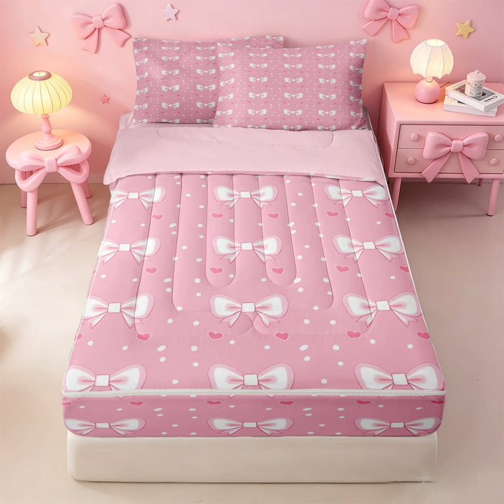 meiyoeat Pink Bowknot Zipper Twin Comforter Sets with Fitted Sheet and 2 Pillowcases For Girls,Cute Loves Pattern Zipper Bedding Set For Women,Pink Reversible,4 Pieces