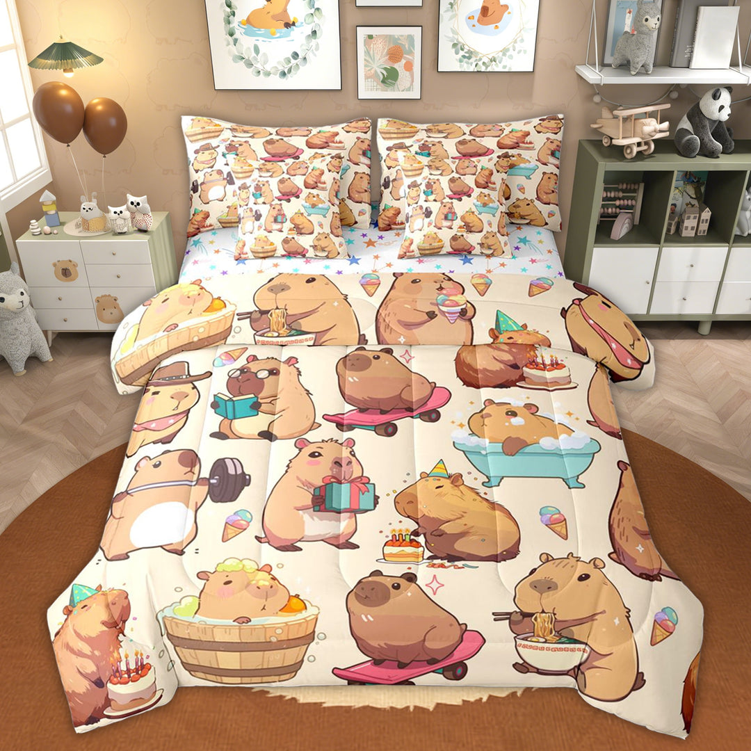 Erosebridal Cartoon Capybara Kids Twin Bedding Sets, Funny Animals Bedding Comforter Set, 7pcs