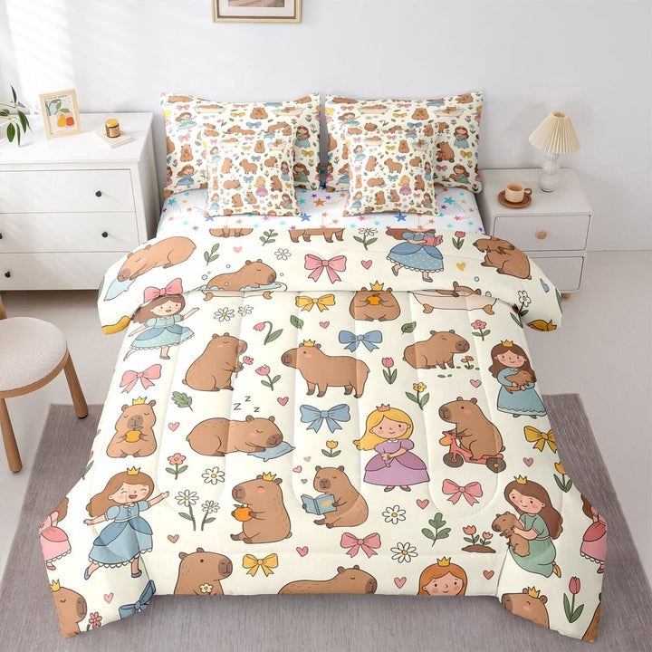 Erosebridal Kawaii Animal Capybara Twin Bedding Sets 7-Piece For Boys Girls,Kids Cute Princess Bowknot Bedding Comforter Set,Microfiber Bedroom Decor
