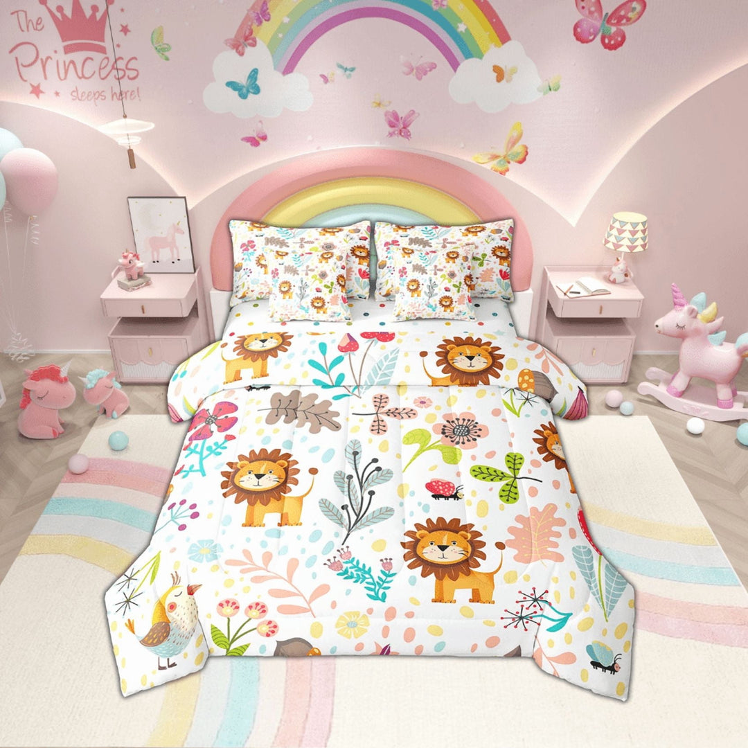 Erosebridal Cartoon Lion Bedding Set Twin,Jungle Botanical Lion Comforter Set 7 Piece Cute Floral Zoo Animal Bed In A Bag With Sheets ,Kawaii Woodland Sheet Set With Comforter