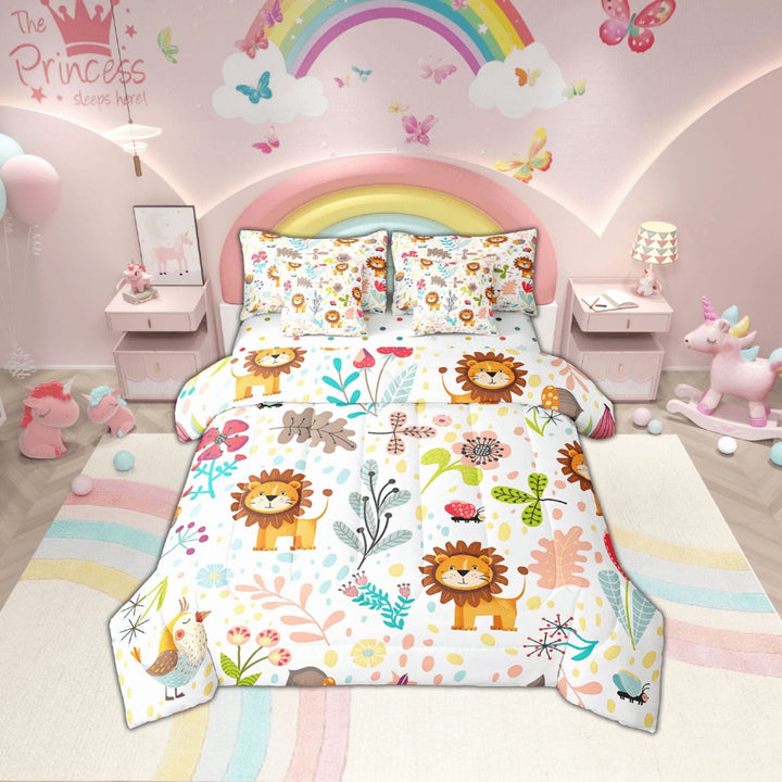 Erosebridal Cartoon Lion Bedding Set Twin,Jungle Botanical Lion Comforter Set 7 Piece Cute Floral Zoo Animal Bed In A Bag With Sheets ,Kawaii Woodland Sheet Set With Comforter