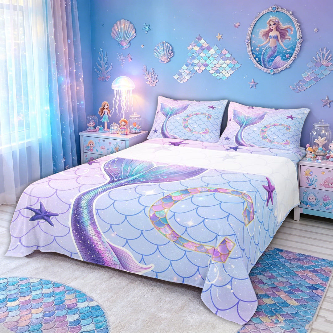 meiyoeat Mermaid Scale C Initial Bed Sheets for Girls, Ocean Starfish Full Size Sheets, Purple Blue, 4-Piece, 1 Flat Sheet, 1 Fitted Sheet and 2 Pillowcases