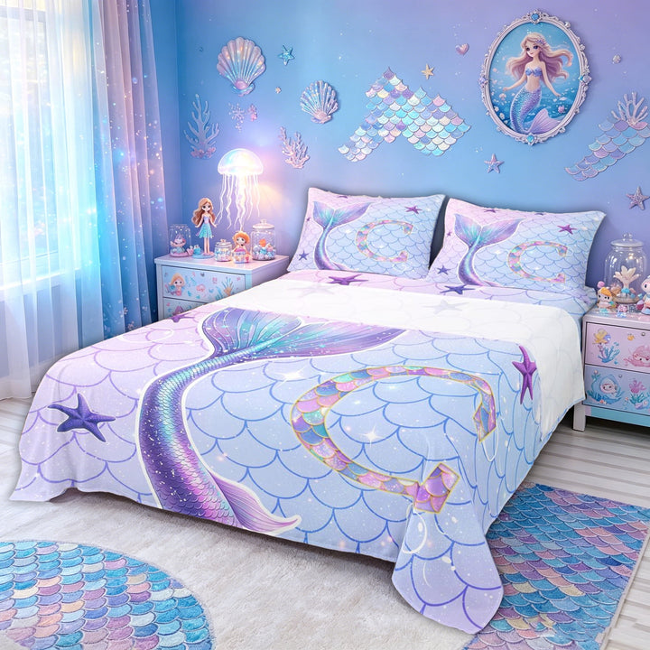meiyoeat Mermaid Scale C Initial Bed Sheets for Girls, Ocean Starfish Full Size Sheets, Purple Blue, 4-Piece, 1 Flat Sheet, 1 Fitted Sheet and 2 Pillowcases