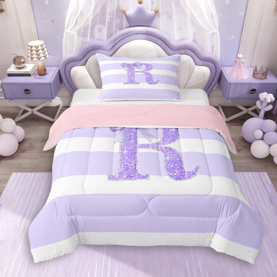 Erosebridal Bling Glitter Print Stripes Twin Comforter Sets 3-Piece For Boys Girls,Teens Purple Bow R Letter Monogrammed Bedding Set,Pink Reversible