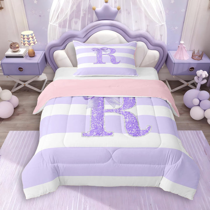 Erosebridal Bling Glitter Print Stripes Twin Comforter Sets 3-Piece For Boys Girls,Teens Purple Bow R Letter Monogrammed Bedding Set,Pink Reversible