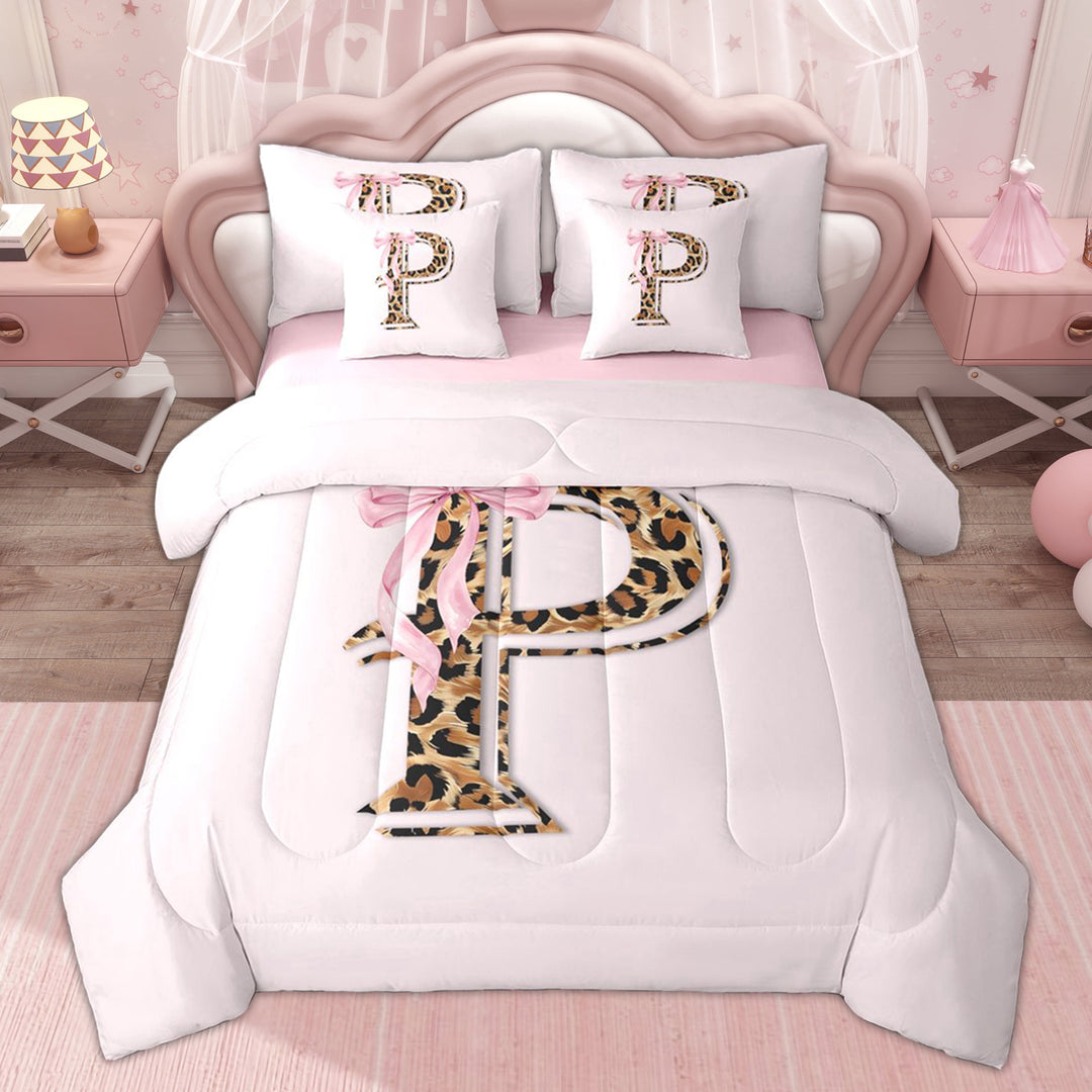 Erosebridal Kids Pink Bow Initial P Twin Bedding Sets, Modern Leopard Print Bedding Comforter Set, 7-Piece