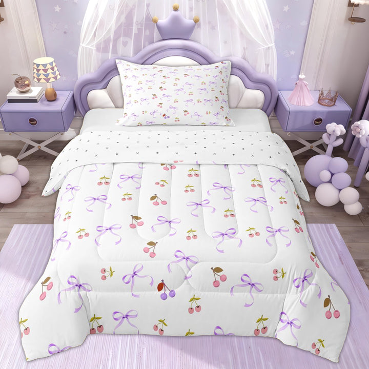 Erosebridal Purple Princess Bow Twin Comforter Sets, Kawaii Cherry Bedding Set for Girls, 2 Pieces