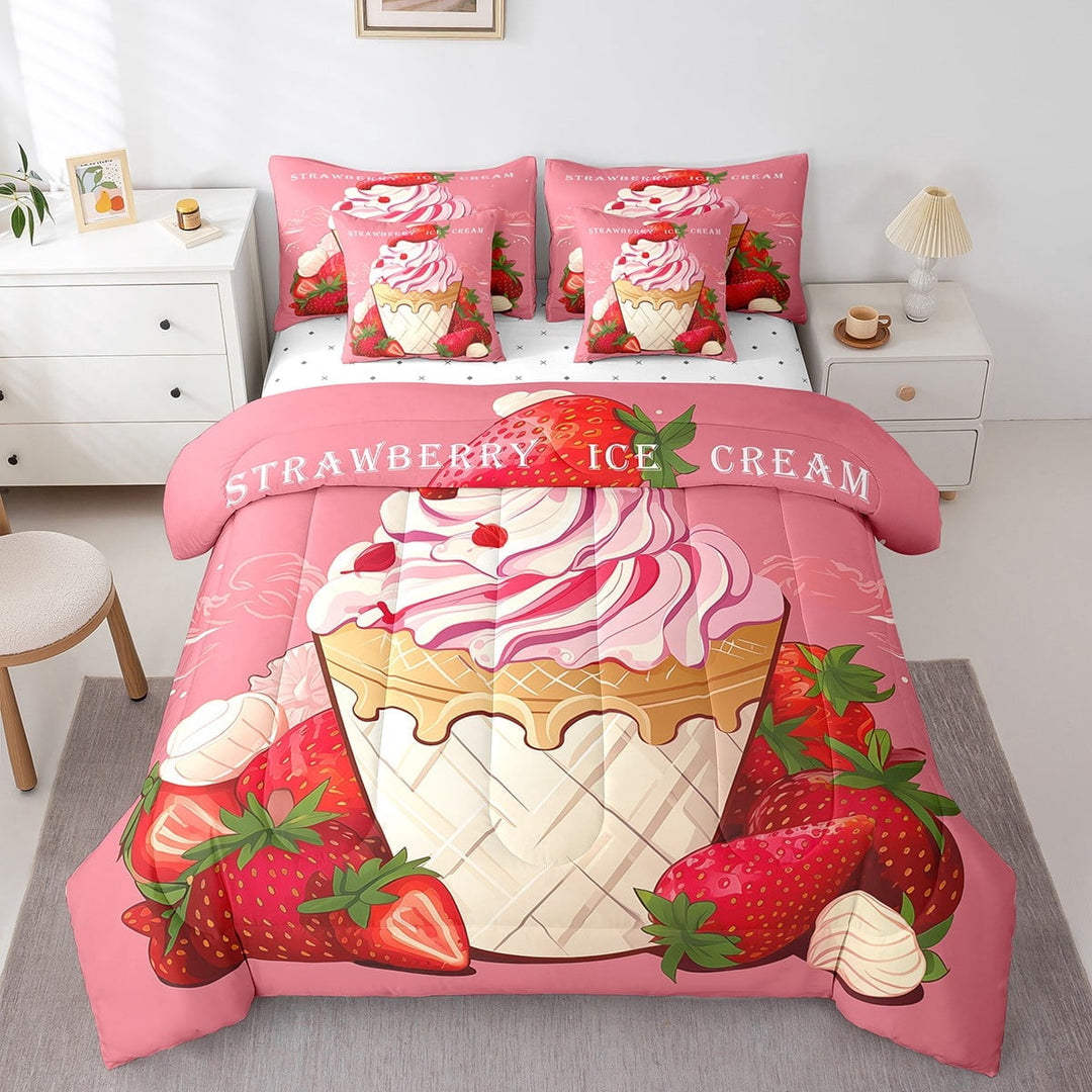 Erosebridal Ice Cream Bed In A Bag 7-Piece,Girly Strawberry Twin Size Comforter Set,Girly Pink Bedding Set,Summer Dessert Sheet Set With Comforter,Summer Holiday Bed Set