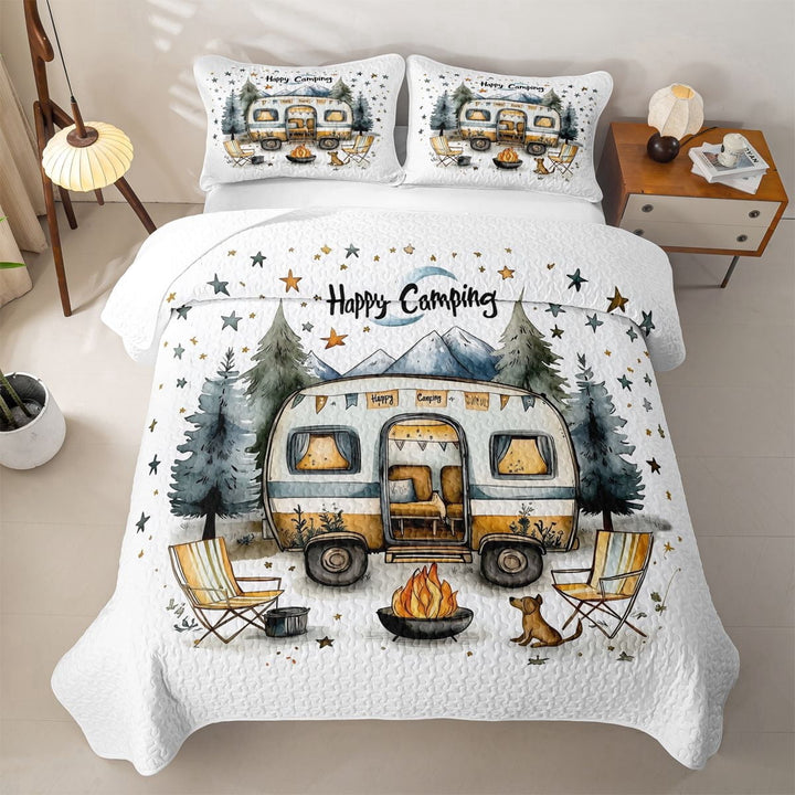 Erosebridal Watercolor Camping Bed Spread Queen,Camper Dog Campfire Queen Coverlet Set For Boys,3 Pieces