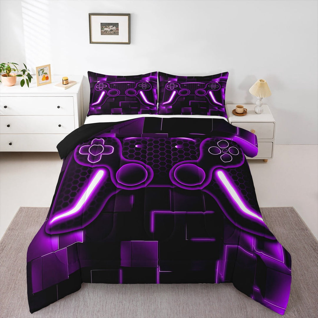 Gaming Comforter Teen Game Bedding Sets Gamer Comforter For All Season,Gamepad Home Decor For Comforter Set Twin Size,1 Comforter With 1 Pillowcase Purple Black,Fluffy