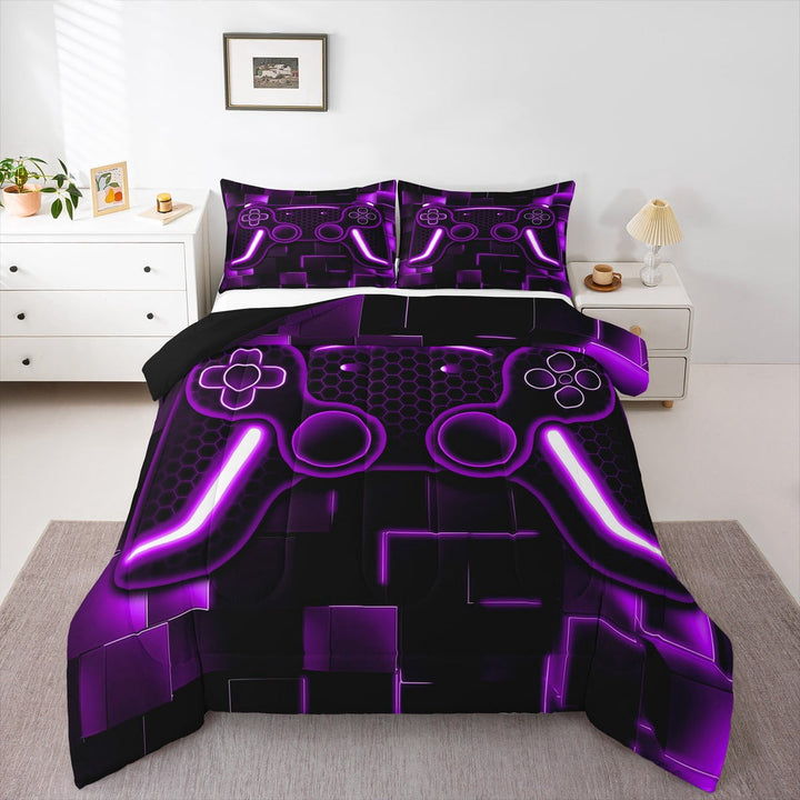 Gaming Comforter Teen Game Bedding Sets Gamer Comforter For All Season,Gamepad Home Decor For Comforter Set Twin Size,1 Comforter With 1 Pillowcase Purple Black,Fluffy