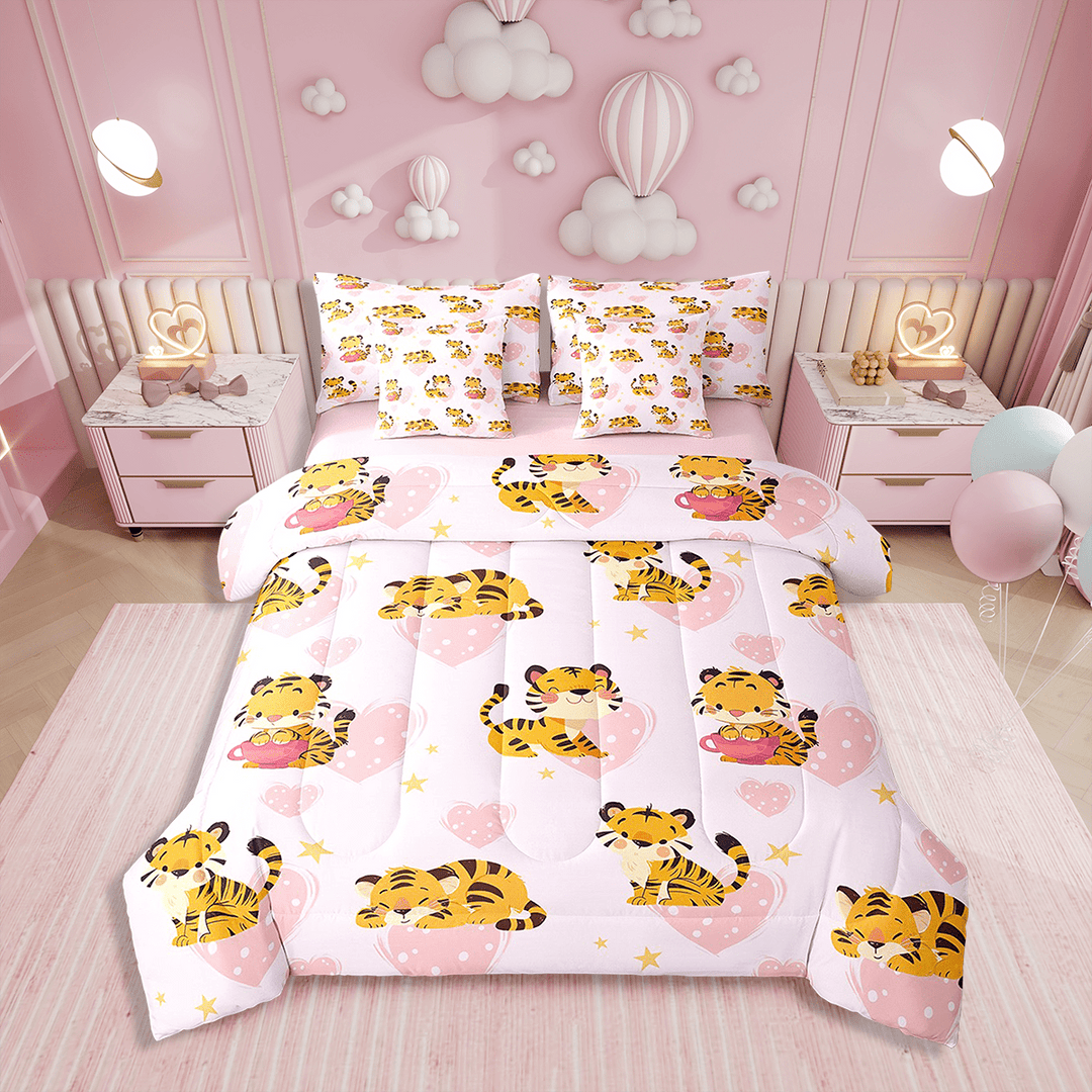 7Pcs Cute Tiger Bedding Set,Twin Size Comforter Set with Sheets and Pillowcase,7Pcs Bed in a Bag,Cute Animal Bed Set,Animal Comforter