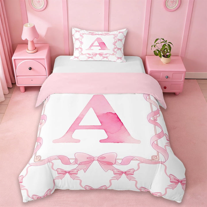 Erosebridal Cute Coquette Bowknot Twin Bedding,Girls Pink A Alphabet Letter Duvet Cover Set For Kids,Reversible pink,2-Piece(No Comforter)