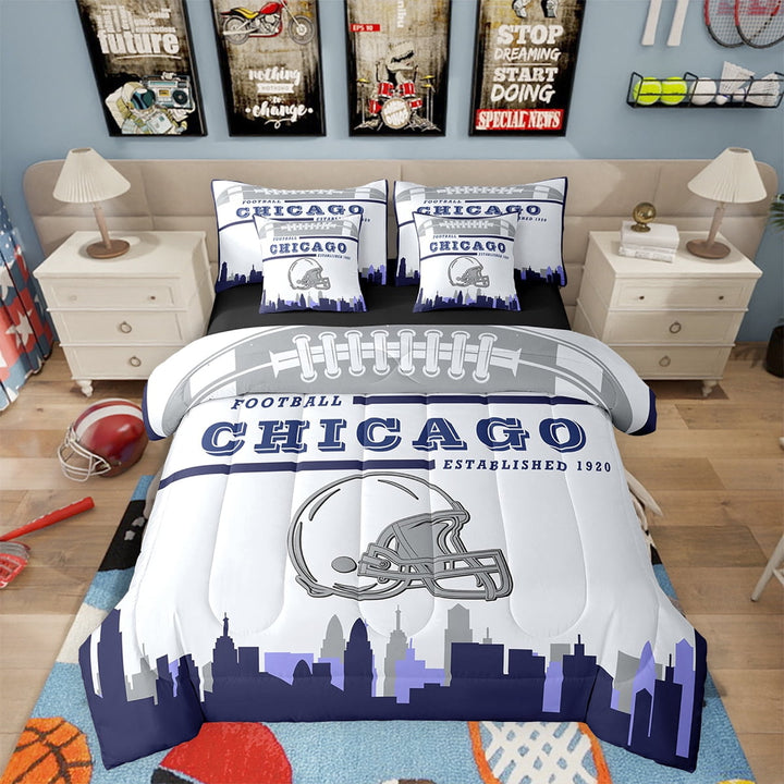 7 Piece Sports Bedding Sets,American Football Fans Bed in a Bag Full Size Rugby Player Comforter Set with Sheets Football Lovers Bed Set Navy Blue White Sheets (Chicago)