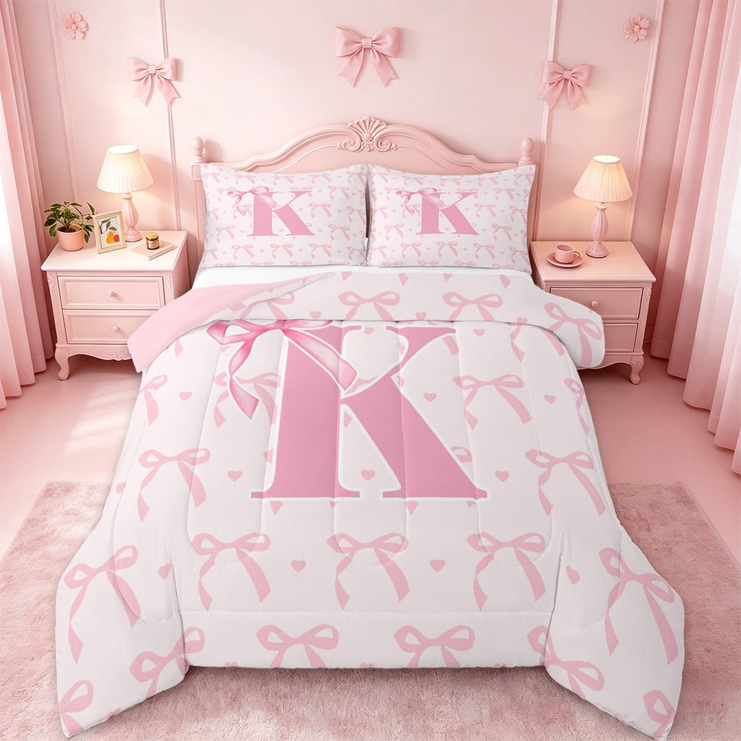 jejeloiu Personalized Gifts Bow Bedding Comforter Set,Letter K Twin Comforter Sets,Pink Bow Bowknot Bedding Set,Lightweight Room Decoration Reversible,3pcs