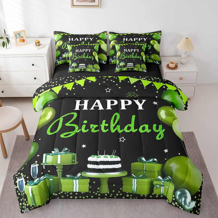 7Pcs Green And Black Party Decor Queen Comforter Set,Birthday Decorations For Men,Green Birthday Decor Comforter + Flat Sheet + Fitted Sheet + 2 Pillowcases + 2 Throw Pillow Covers