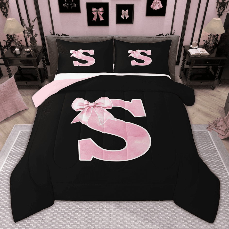 Manfei Monogrammed Girl Bedding Comforter Set, Personalized Initial S Twin Comforter Sets, Princess Bow Knot Bedding Set, Black Pink Bedroom Decor, Reversible 2 Pieces