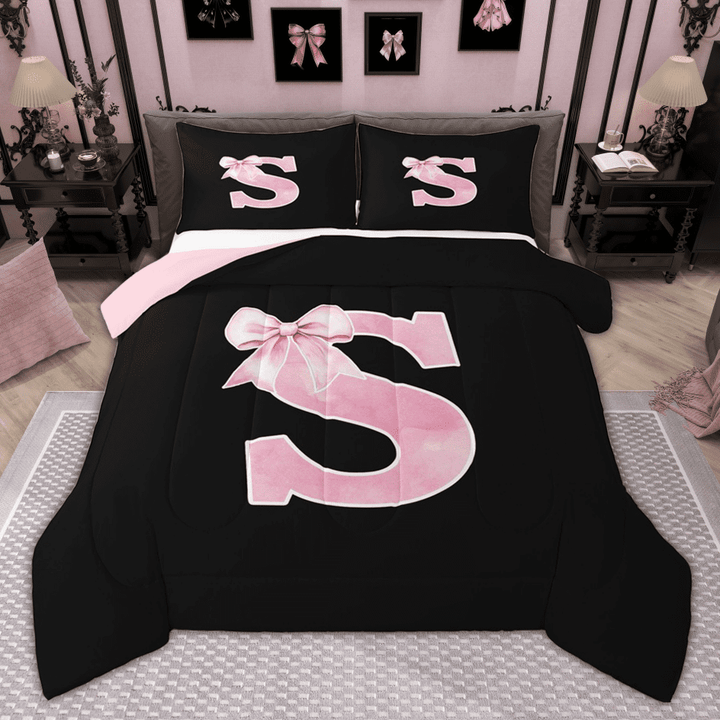 Manfei Monogrammed Girl Bedding Comforter Set, Personalized Initial S Twin Comforter Sets, Princess Bow Knot Bedding Set, Black Pink Bedroom Decor, Reversible 2 Pieces