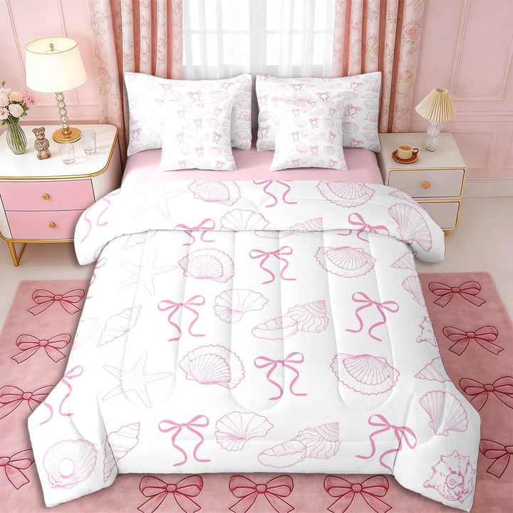 Erosebridal Pink Starfish Bow Knot Twin Bedding Sets 7-Piece for Girls,Ocean Theme Princess Bow Bedding Comforter Set for Teens Adults,Pink Reversible,Breathable Home Decor