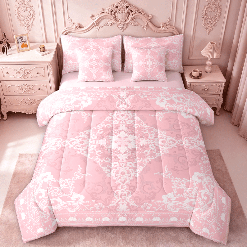 Erosebridal Pink Damask Flower 7pcs Bedding Comforter Set,Boho Exotic Damask Queen Bedding Sets For Adult,Reversible pink