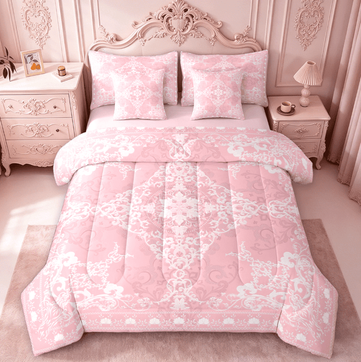 Erosebridal Pink Damask Flower 7pcs Bedding Comforter Set,Boho Exotic Damask Queen Bedding Sets For Adult,Reversible pink