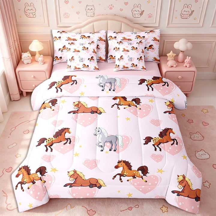 Erosebridal Cartoon Horse 7 Piece Twin Bedding Sets Galloping Horse Comforter Bed In A Bag Horses,Love Heart Printed Quilt with Sheet Set for Teen Bedroom Decor