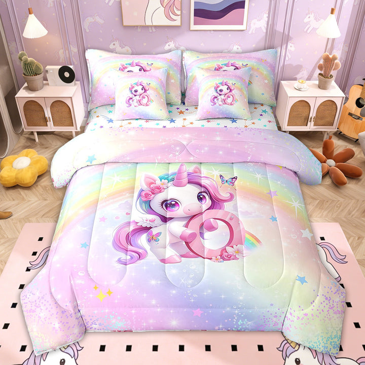 Erosebridal Glitter Stars Print Letter O Bed in a Bag Twin size, Dreamy Unicorn Bed Set for Kids Girls, Colorful Stars Reversible 7pcs