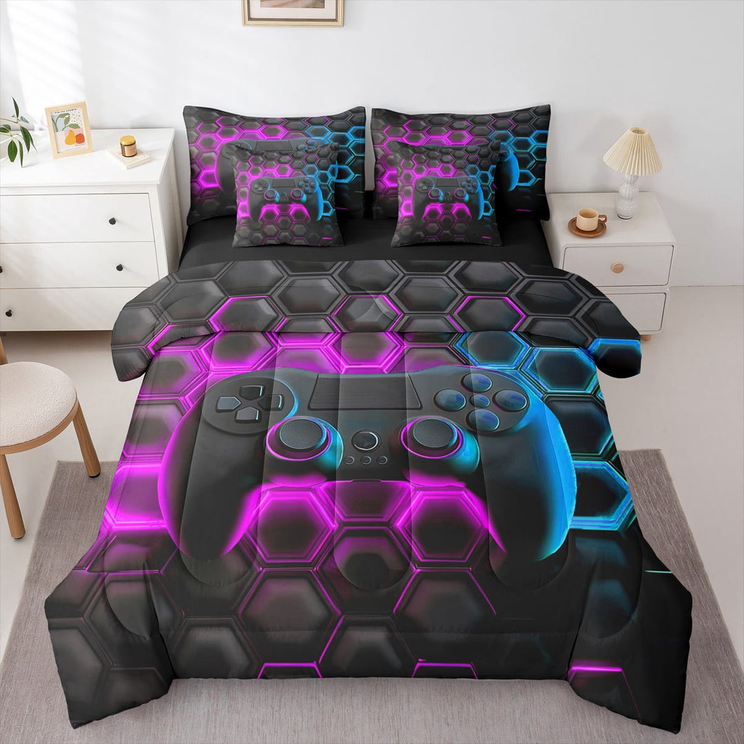 Erosebridal Colorful Gamepad Bedding Sets Twin Size, Game Player Comforter Sets with Sheets, Honeycomb Geometric Reversible Bedding Twin Size, Lightweight Room Decorative, 7pcs