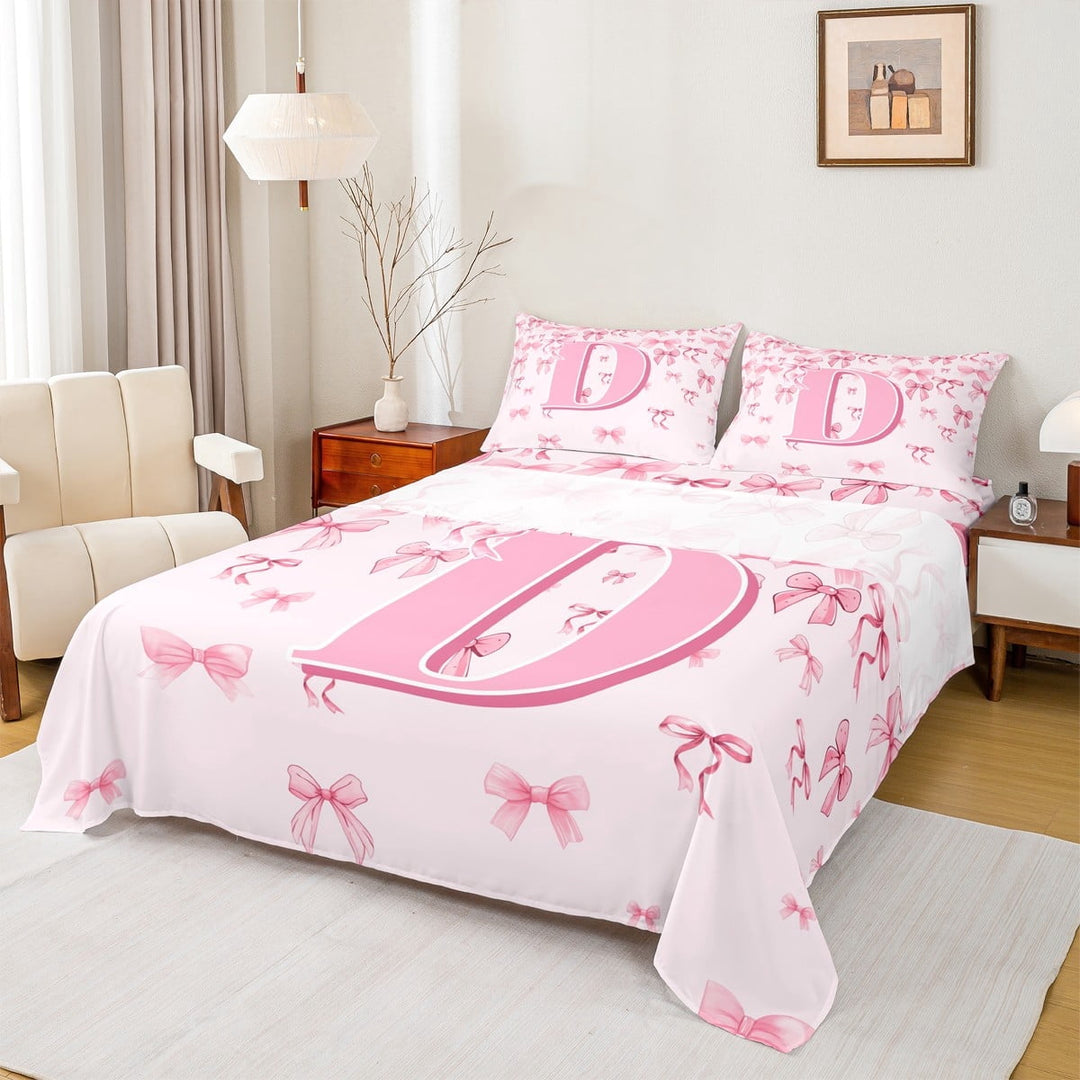 jejeloiu Personalized Alphabet D Twin Sheet Sets,Monogrammed Theme Twin Fitted Sheet,Ribbon Bow Knot Flat Sheet,Ultra Soft Bedroom Decor,3pcs