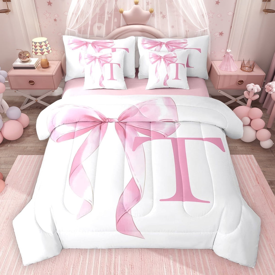 Erosebridal Girls Pink Bow Twin Bedding Sets, T Letter Bedding Comforter Set, Princess Style Bedroom Decor, Pink Reversible 7 Pieces
