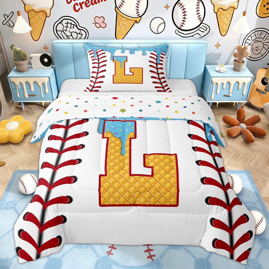 Erosebridal Blue Ice Cream Drip Twin Comforter Sets for Kid, Baseball Monogrammed L Bedding Set, 2 Pieces