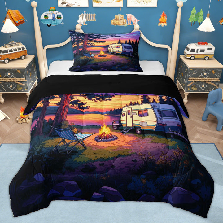 Erosebridal Sunset Lake RV Car Camping Twin Comforter Sets, Purple Orange Forest Bedding Set for Men and Women, 2 Pieces
