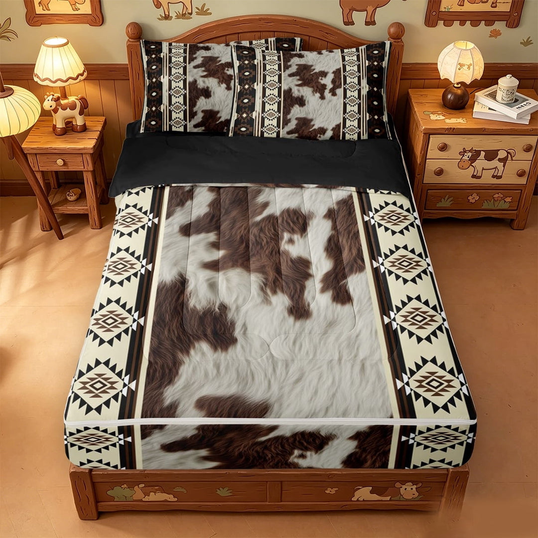 meiyoeat Vintage Cowhide Zipper Full Size Comforter Sets with Fitted Sheet and 2 Pillowcases,Geometric Pattern Zipper Bedding Set For Boys,Brown Black,Black Reversible,4pcs
