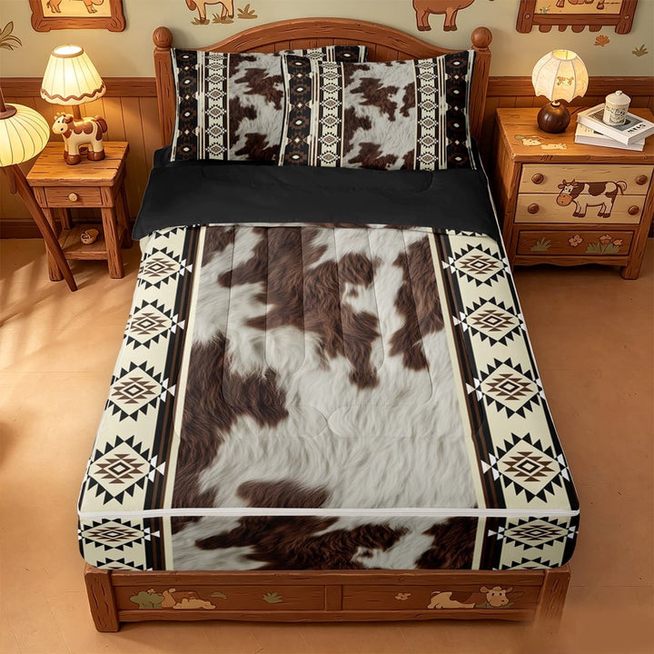 meiyoeat Vintage Cowhide Zipper Full Size Comforter Sets with Fitted Sheet and 2 Pillowcases,Geometric Pattern Zipper Bedding Set For Boys,Brown Black,Black Reversible,4pcs