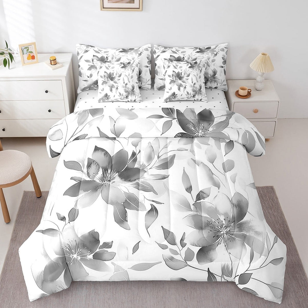 Erosebridal Teens Flower Plant Bedding Sets Twin Size, Grey Comforter Sets with Sheets, Leaves Decor, 7 Pieces