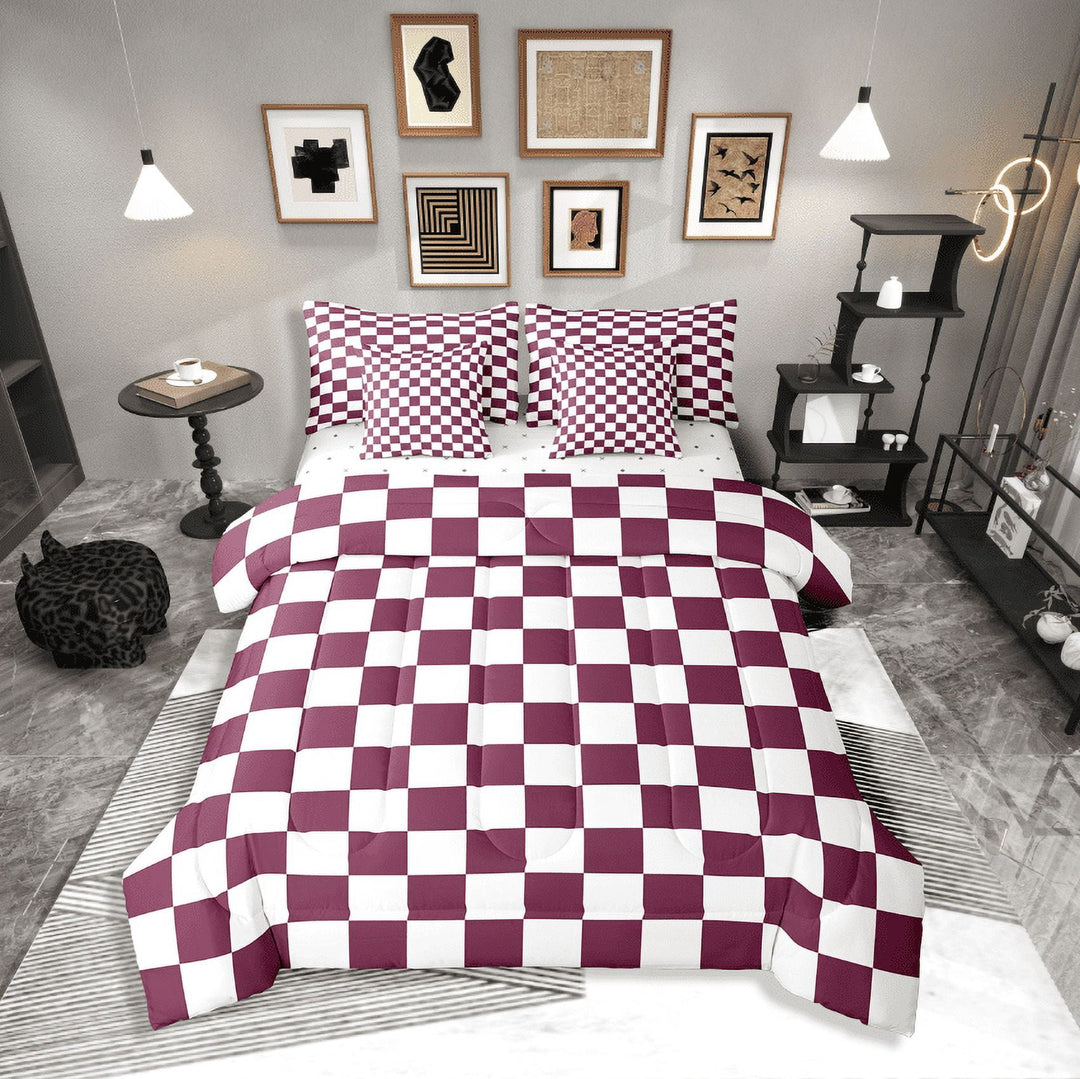 Erosebridal Plaid Square Bedding Sets Twin Size,Geometric Buffalo Comforter Sets with Sheets,Checkered Decor,Breathable,7-Piece