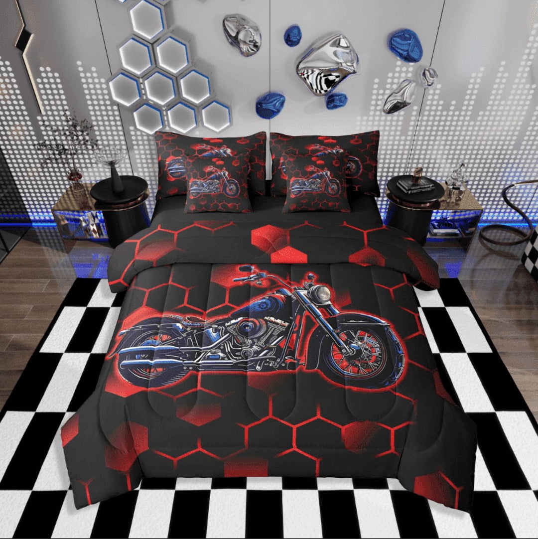 Erosebridal Motorbike Dirt Bike Bedding Sets Twin Size,Geometry Gradient Honeycomb Comforter Sets with Sheets,Neon Red,Reversible,Breathable,7-Piece