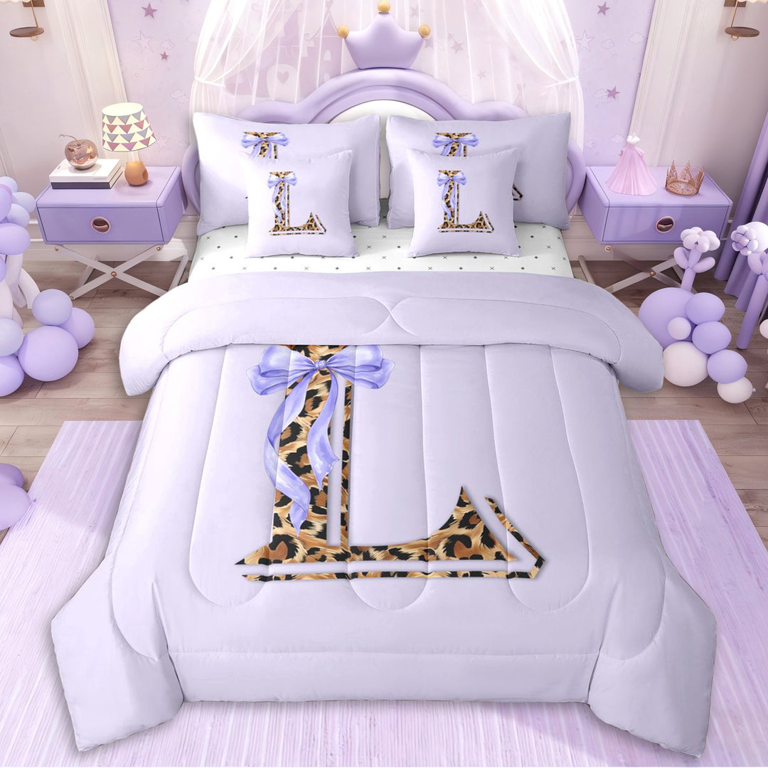 Erosebridal Teens Personalized Initial L Twin Bedding Sets 7-Piece,Girls Purple Bow Cheetah Print Bedding Comforter Set,Ultra Soft Home Decor
