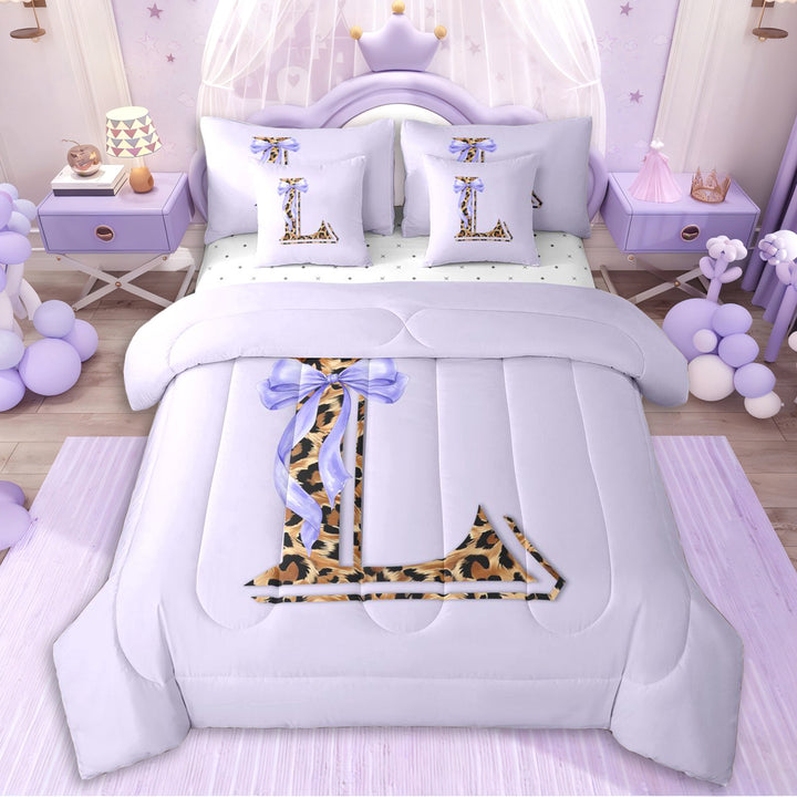 Erosebridal Teens Personalized Initial L Twin Bedding Sets 7-Piece,Girls Purple Bow Cheetah Print Bedding Comforter Set,Ultra Soft Home Decor