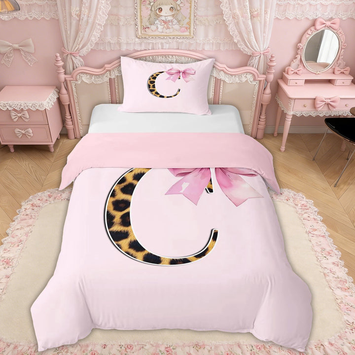 Erosebridal Watercolor Bowknot Twin Bedding, Leopard Print Letter C Duvet Cover Set for Girls Kids, Pink Reversible, 1 Duvet Cover and 1 Pillowcase (No Comforter), 2-Piece