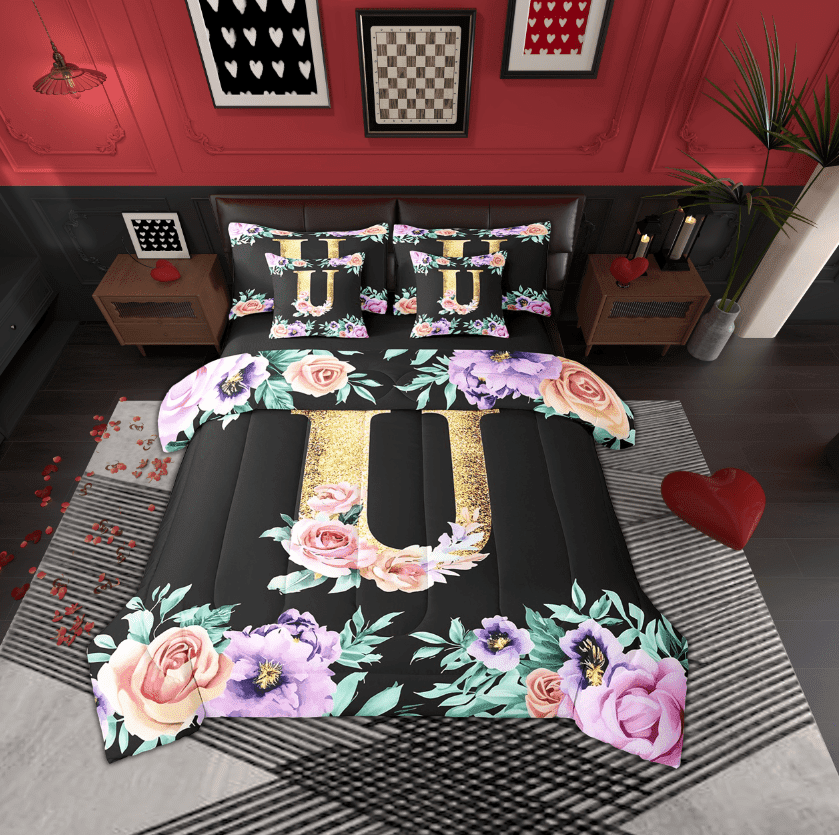 Erosebridal Cartoon Flower Bedding, Vintage Floral Bed in a Bag, Monogrammed U Reversible Bed Set, Microfiber Bedroom Decor, 7-Piece