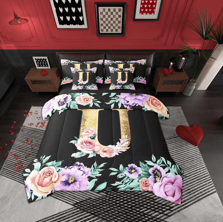 Erosebridal Cartoon Flower Bedding, Vintage Floral Bed in a Bag, Monogrammed U Reversible Bed Set, Microfiber Bedroom Decor, 7-Piece
