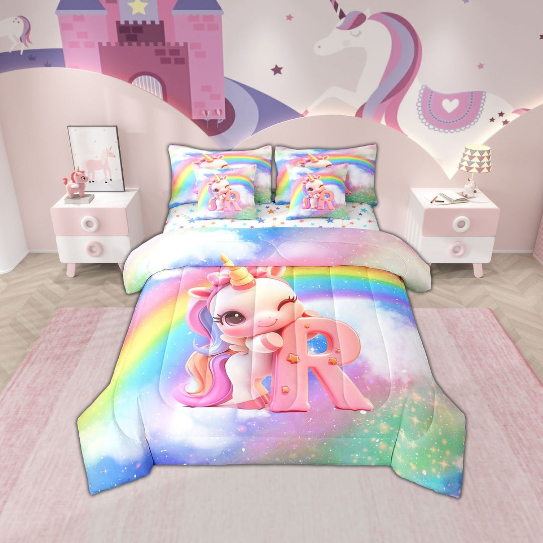 Erosebridal Cartoon Unicorn Bedding Sets Twin Size, Glitter Rainbow Comforter Sets with Sheets, Monogrammed R Reversible Bedding Twin Size, Breathable Room Decor, 7 Pieces