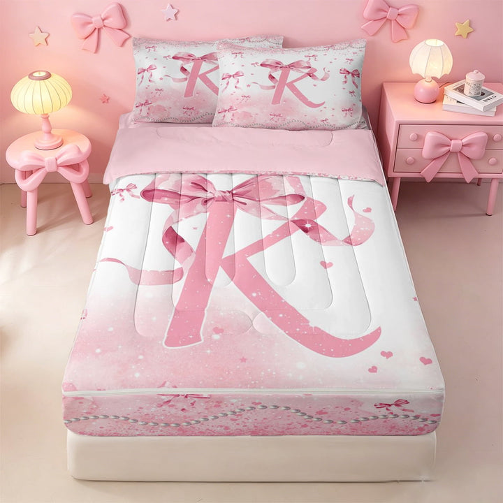 meiyoeat Dreamy Princess Bowknot Zipper Twin Comforter Sets with Fitted Sheet and 2 Pillowcases,Pink Personalized Monogram K Gift Zipper Bedding Set For Girl,Pink Reversible,4-Piece