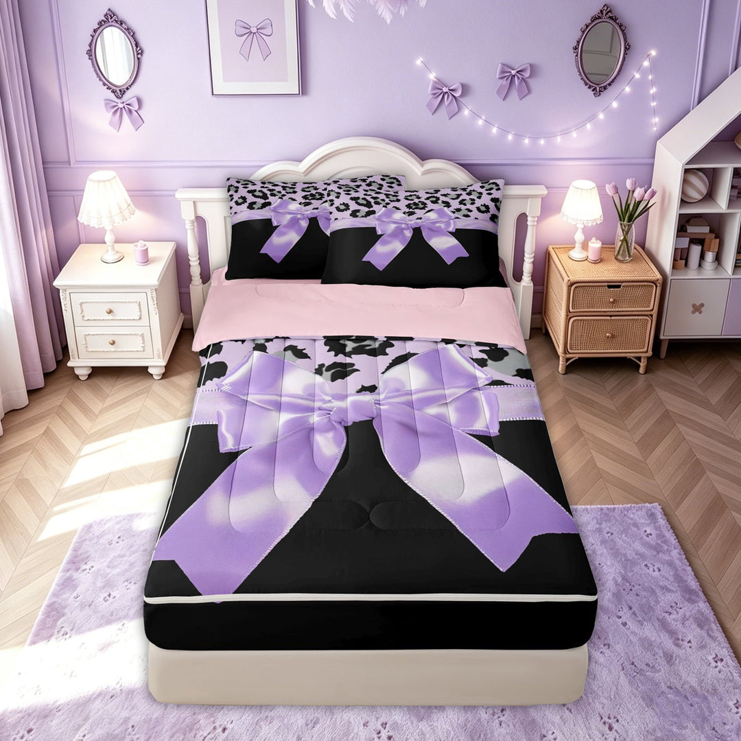 meiyoeat Cute Princess Bow Zipper Twin Comforter Sets with Fitted Sheet and 2 Pillowcases for Kids Girls, Leopard Print Zipper Bedding Set for Bedroom, Black Purple, Pink ReversibleG